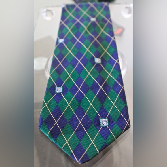FACCONABLE MENS TIE GREEN NAVY ARGYLE VINTAGE 100% SILK MADE IN FRANCE - Picture 3 of 7